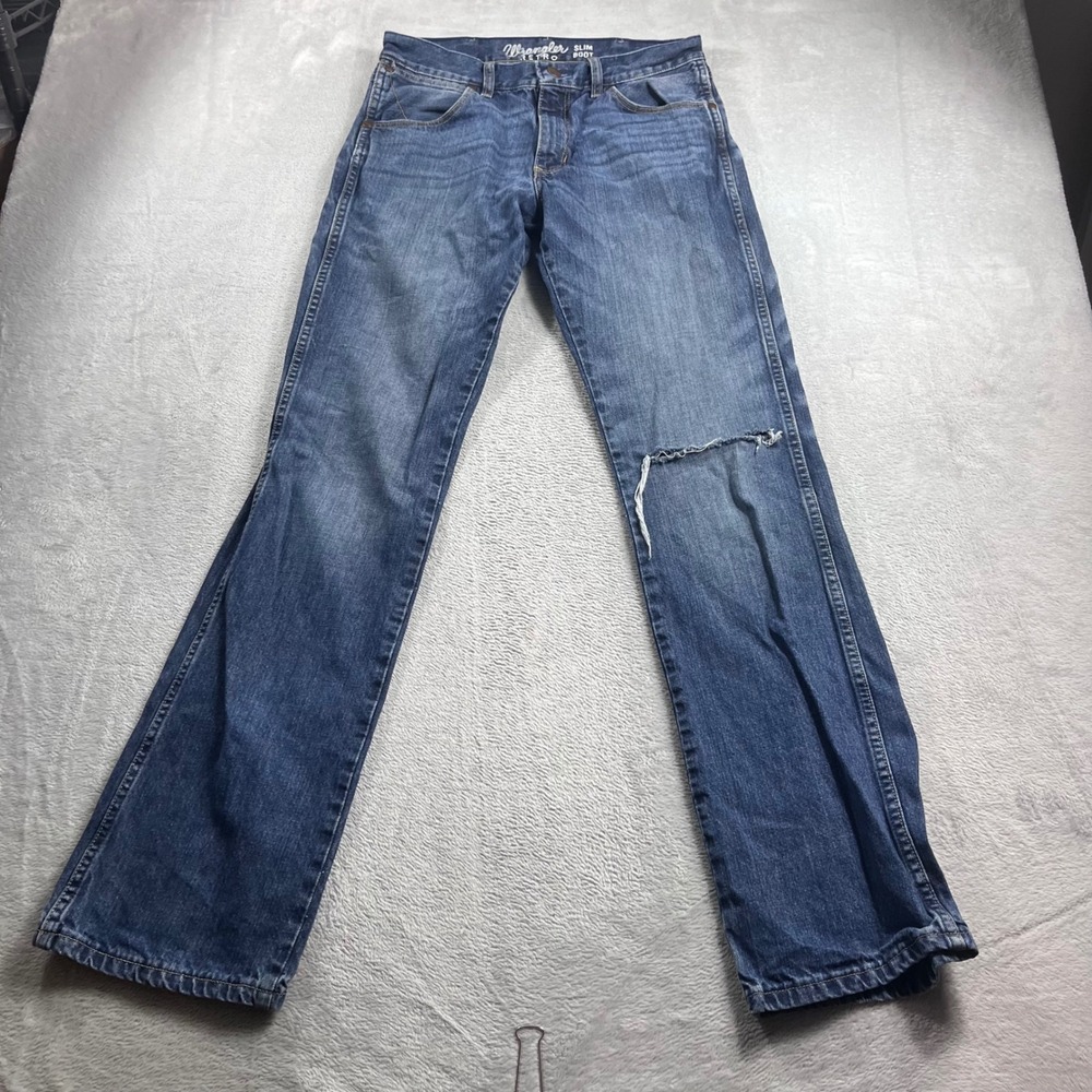 Wrangler Retro Slim Bootcut Jeans Mens 30x34 Blue Denim Distressed 77MWZSD